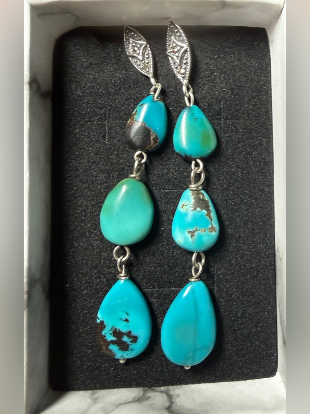 Gorgeous Native American Navajo Turquoise Marcasite Sterling 925 Drop Earrings - Picture 3 of 16